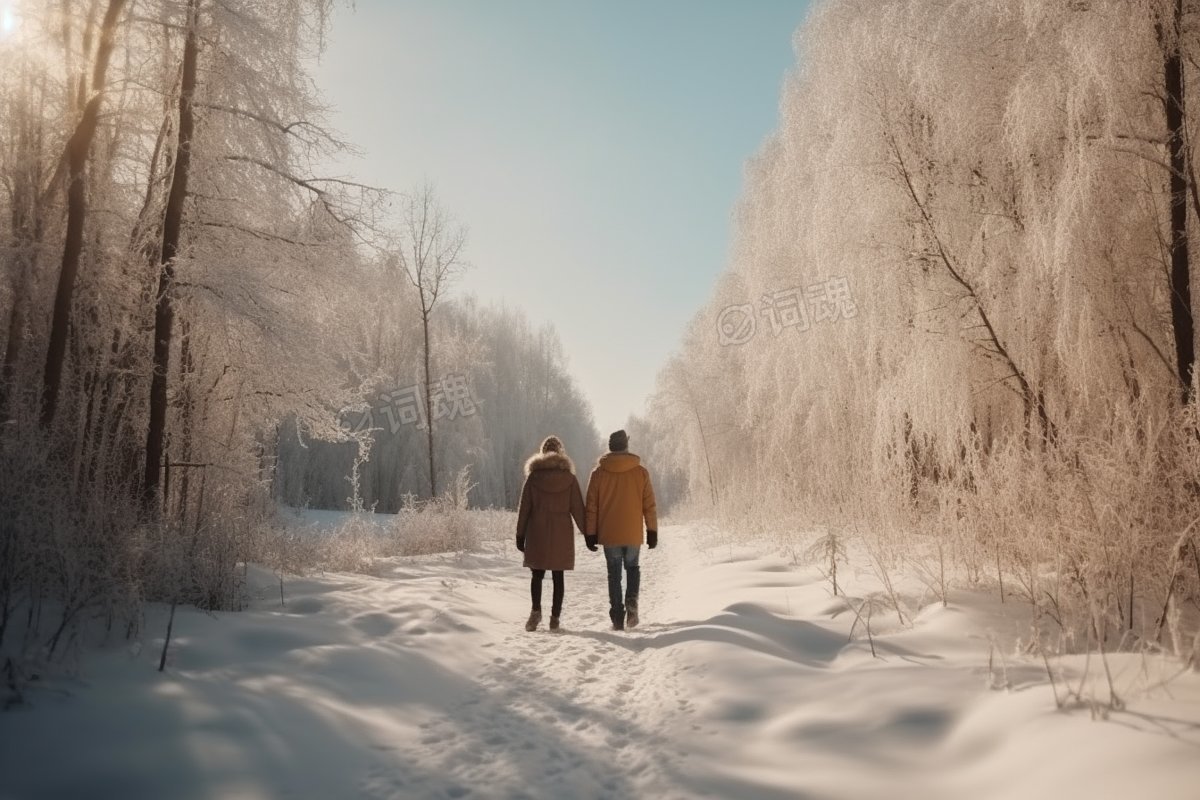 浪漫冬季雪景情侣背影