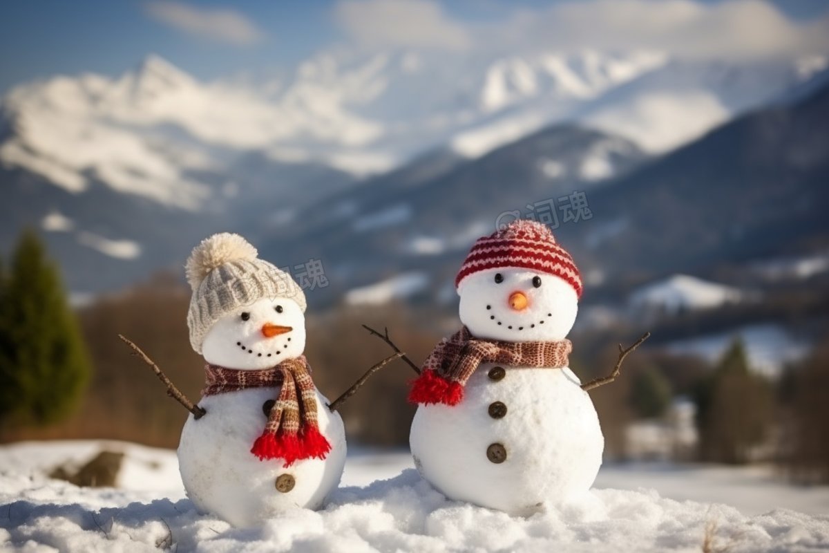 冬季雪地上的两个雪人