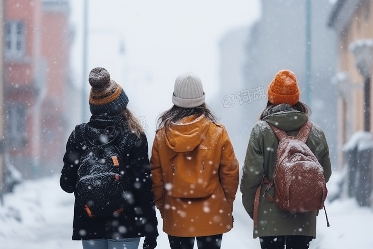 和好朋友站在雪地里的背影拍摄ai文生图案例