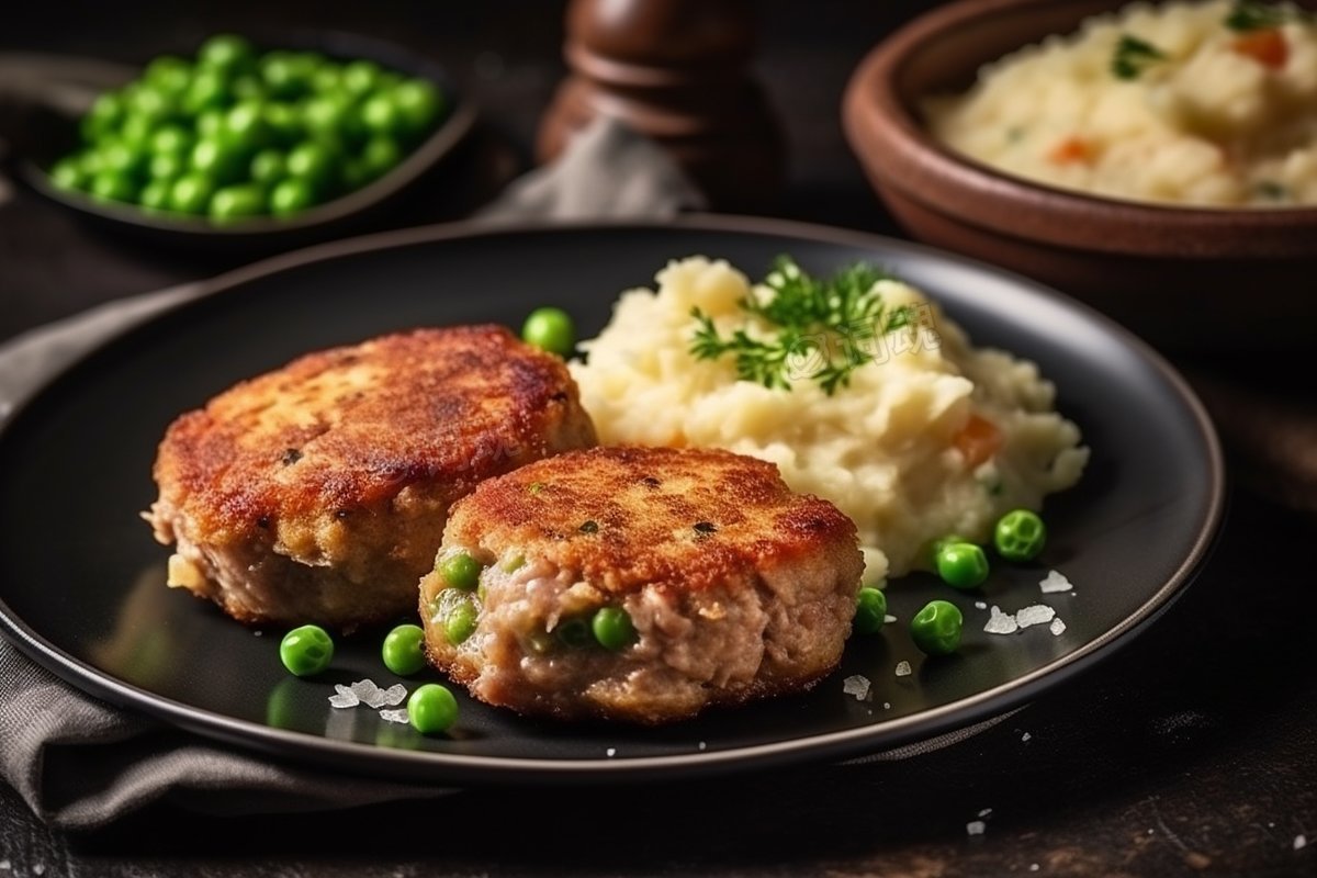 奢华的肉排、土豆泥和豌豆ai文生图案例