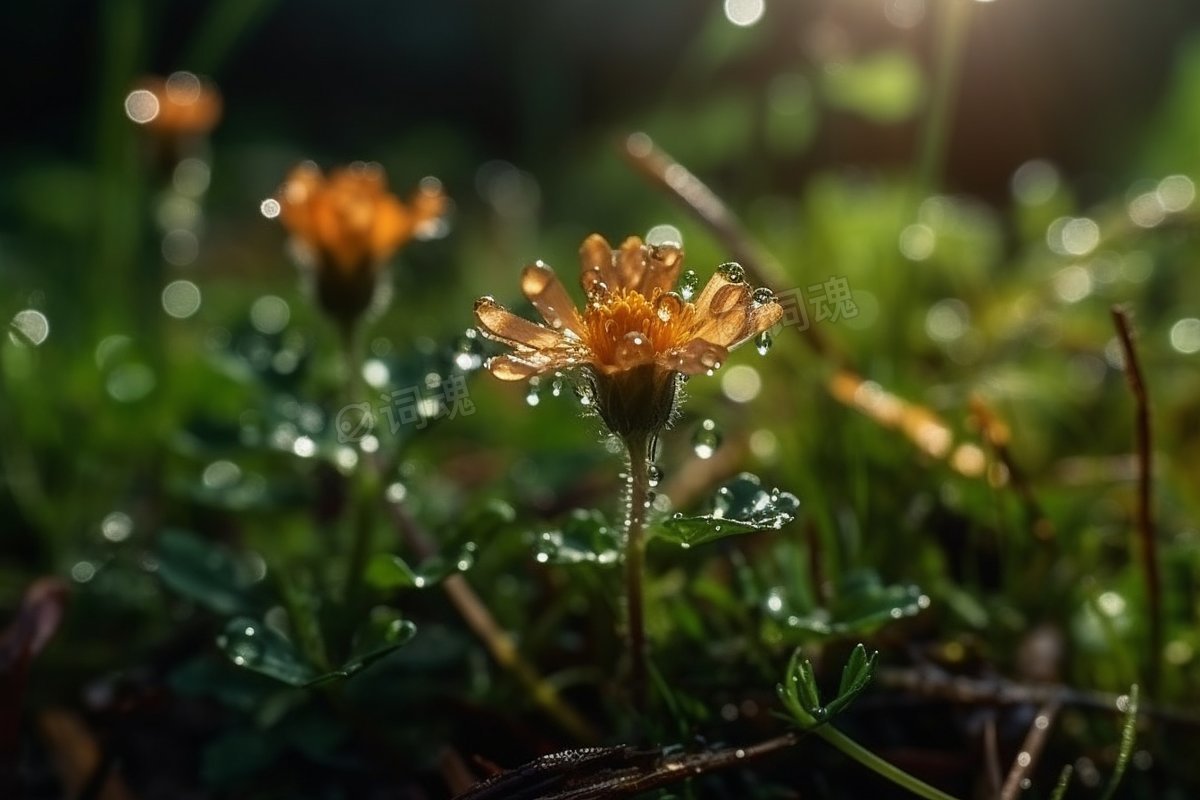 早晨下雨后沾满露珠的植物花朵ai文生图案例