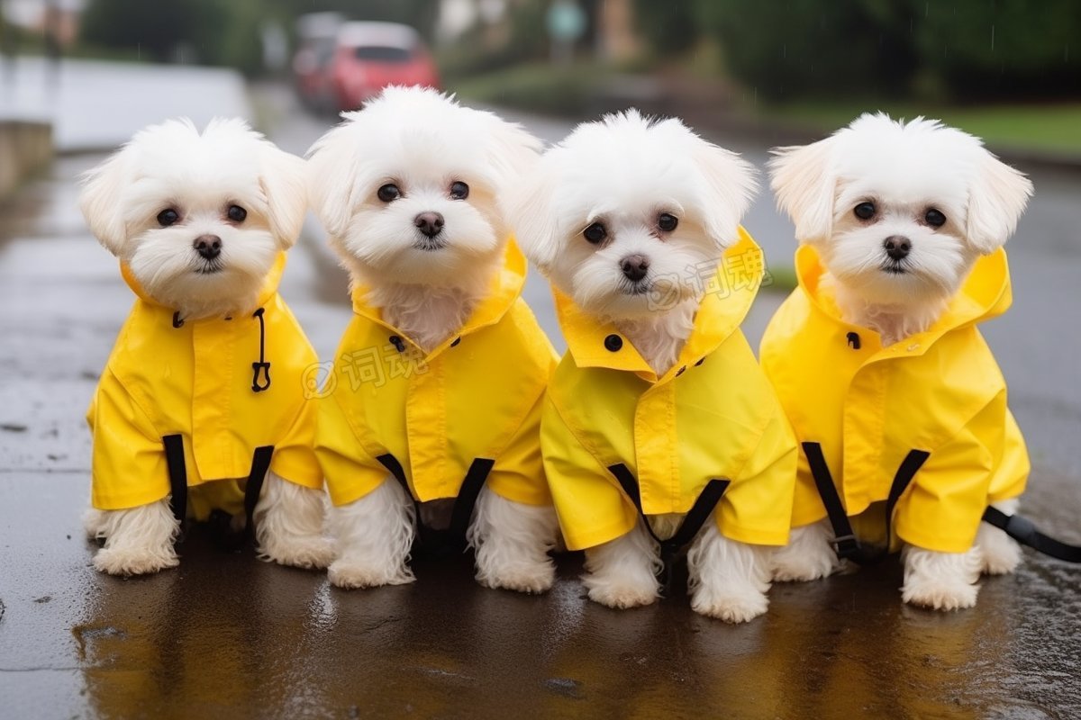 四只穿着黄色雨衣的小狗ai文生图案例