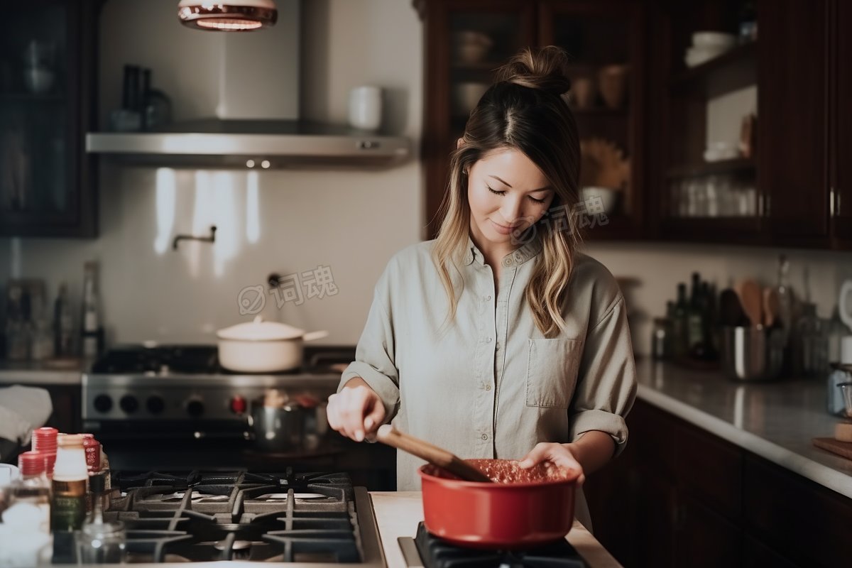 享受煮饭的女士