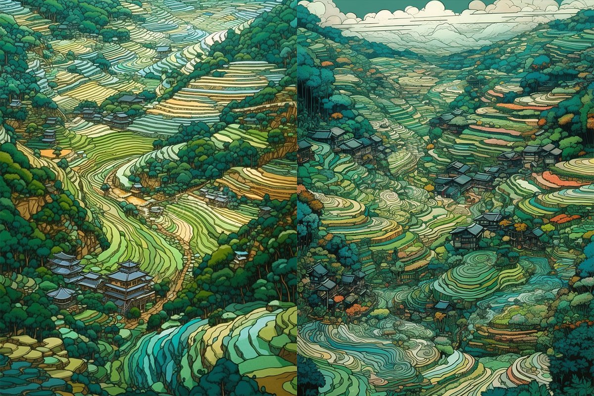 梯田稻田一幅乡村山景