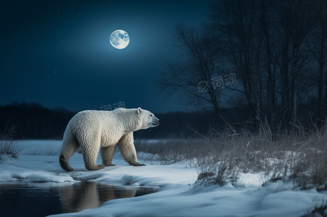 雪地月夜里的北极熊ai文生图案例