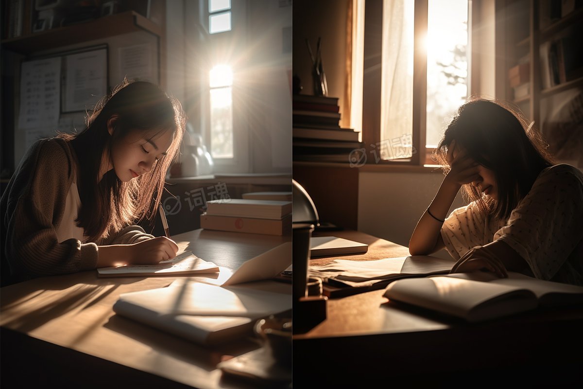 阳光洒进屋里女孩在课桌上学习