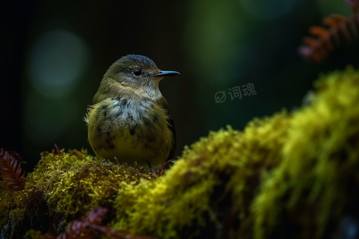 森林苔藓草叶鸟特写ai文生图案例