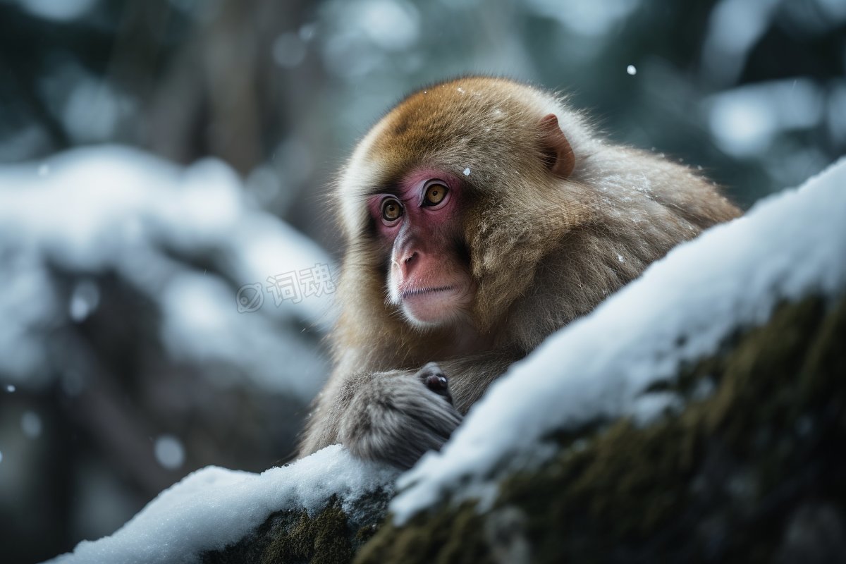 在雪中躺在岩石上的猴子