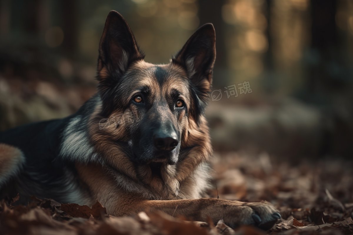 一只德国牧羊犬躺在森林里的地上ai文生图案例