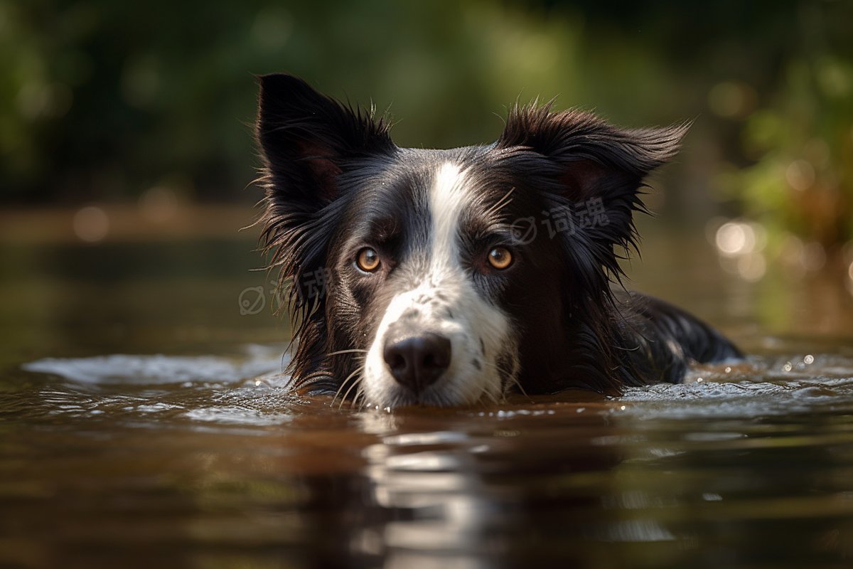 夏天在池塘里游泳的边境牧羊犬ai文生图案例