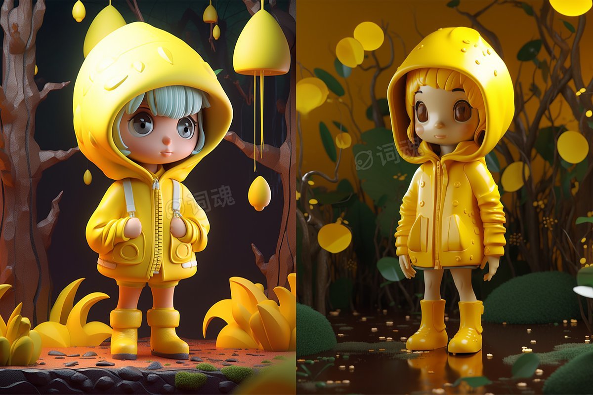 穿黄雨衣的3D小女孩盲盒模型