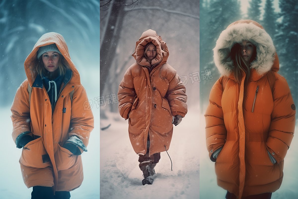 穿宽松连帽羽绒服模特站在暴雪中