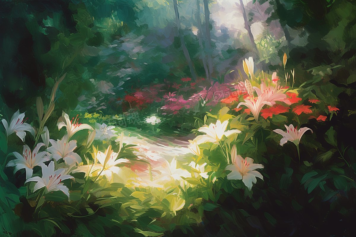 水彩百合花园画作风景