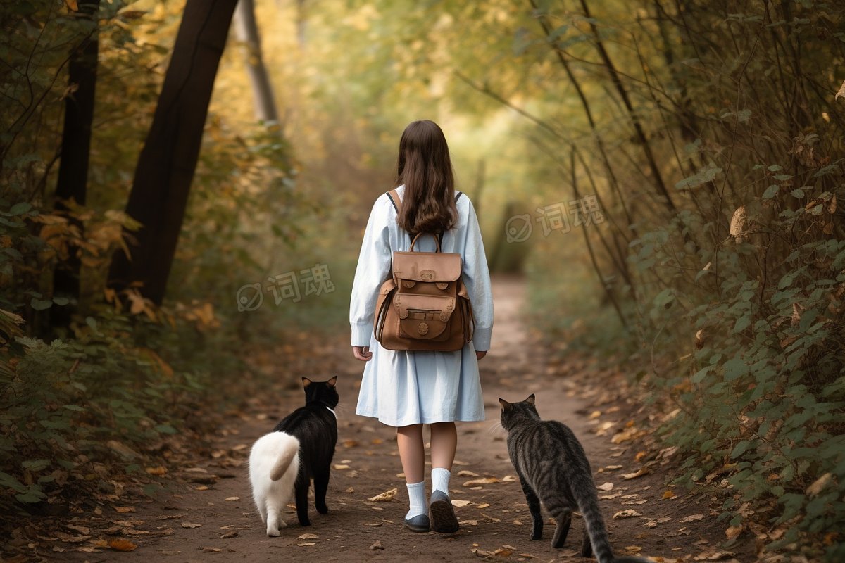 森林小径里和猫咪一起行走的女孩