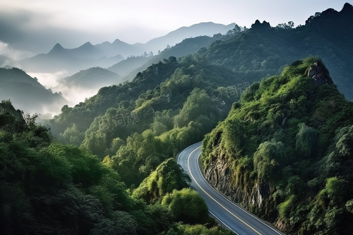 清晨晨雾蜿蜒的山路ai文生图案例