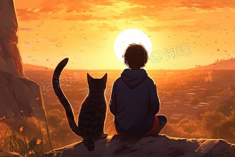 暖色调夕阳下的孩子和猫