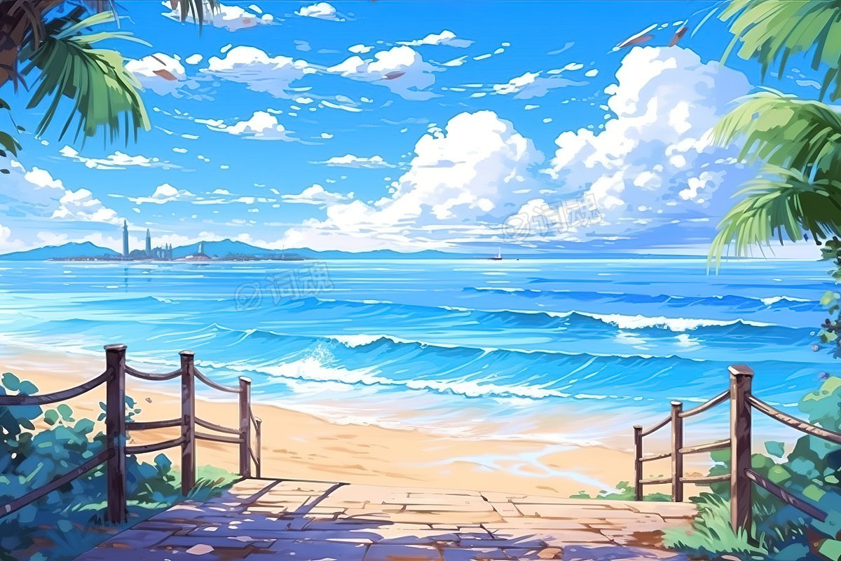 治愈系风景夏日大海海边插画