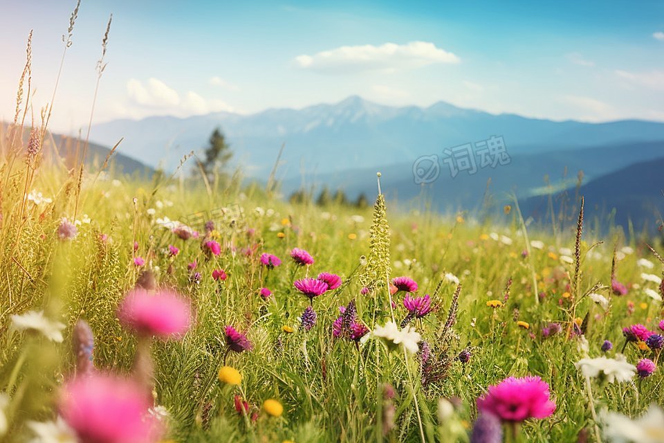 田园诗画般清晴的草地和盛开的花ai文生图案例