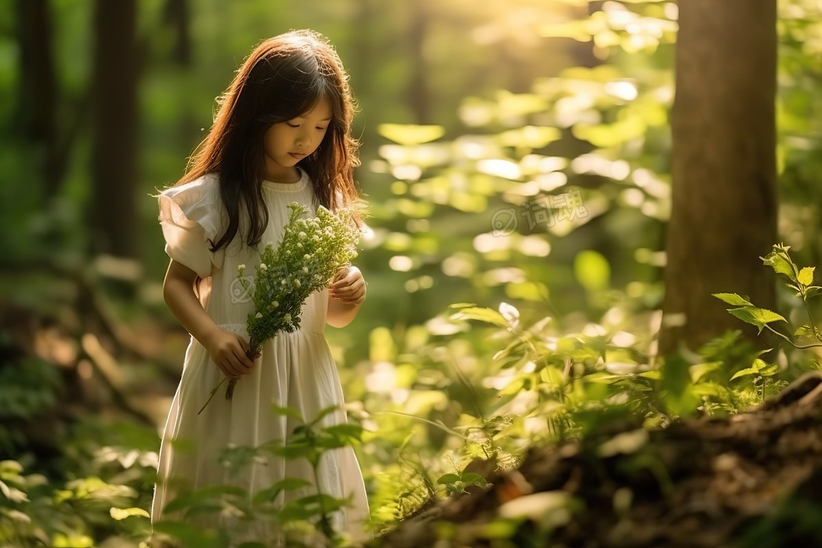 女孩穿白裙子森林玩耍