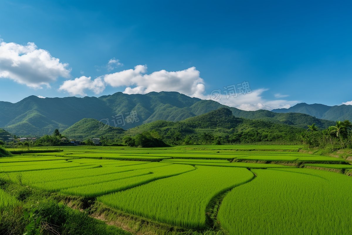 一片以山脉和绿色水稻为背景