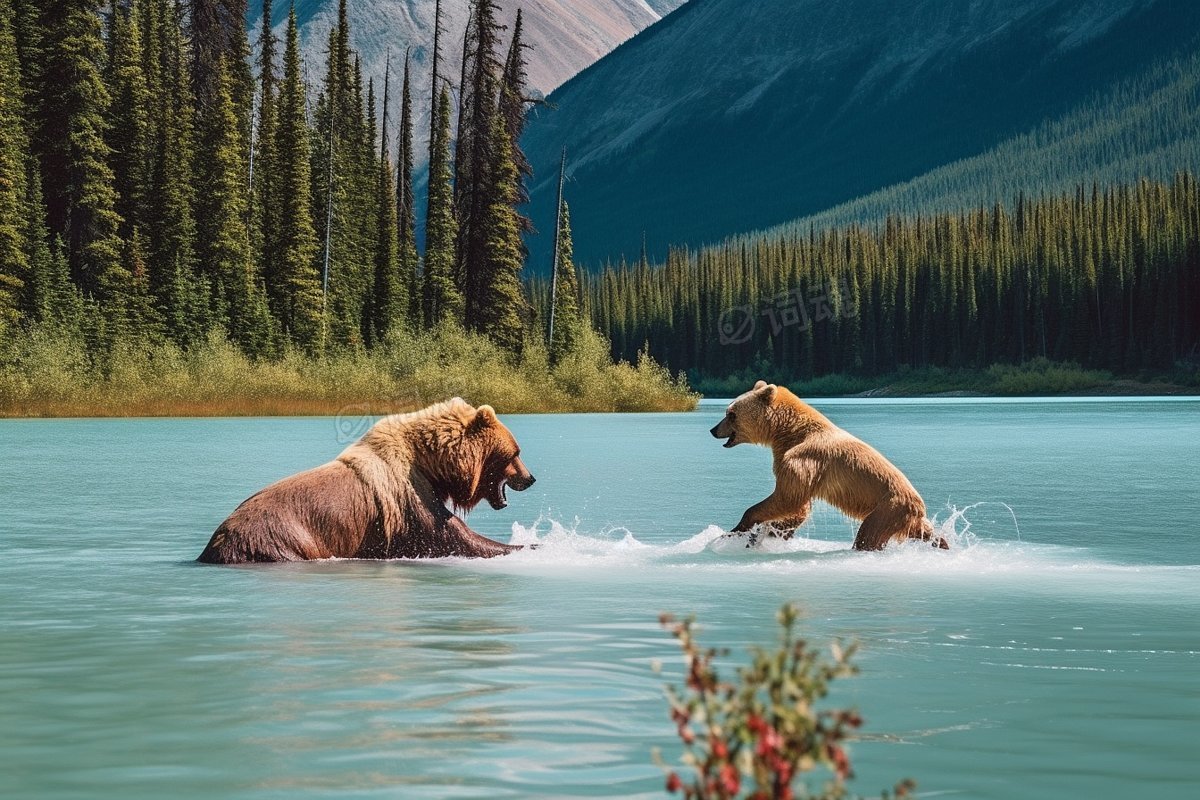 一只狮子在水中杀死灰熊的场景