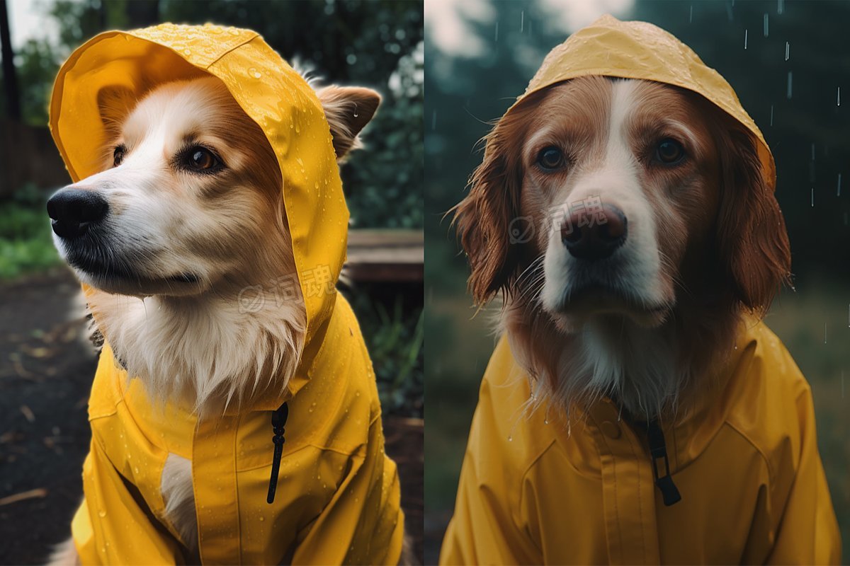 穿着黄色雨衣的狗