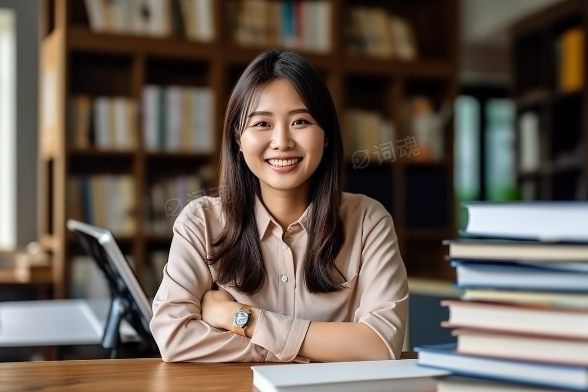 年轻的女士在图书馆学习ai文生图案例