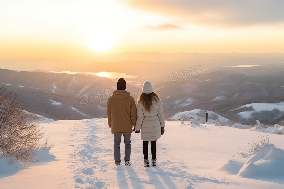 一对情侣在雪山看日出