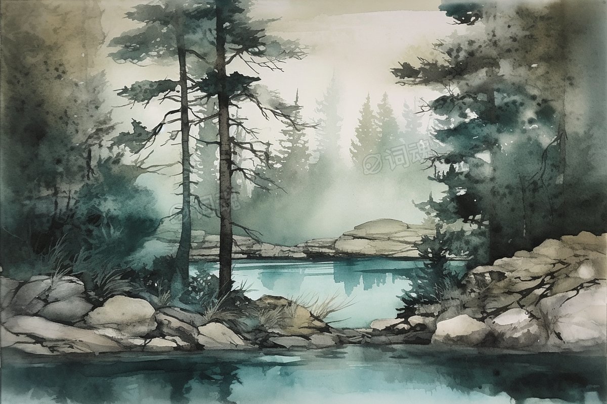 宁静森林湖泊自然景观水彩画