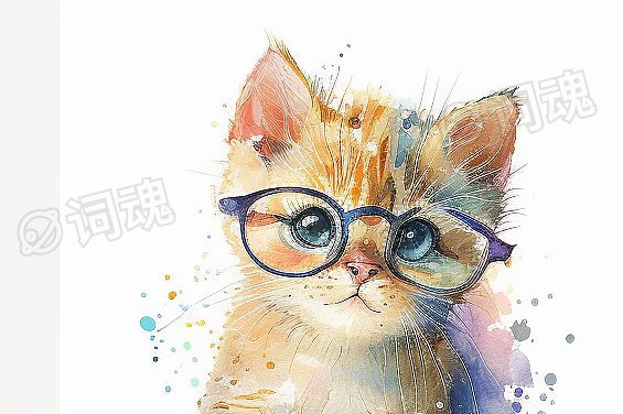 戴眼镜的水彩小猫宝宝ai文生图案例