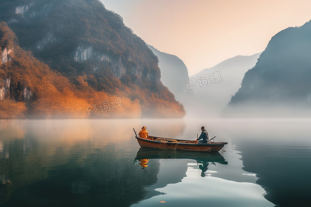 日出晨雾中的湖面小船ai文生图案例