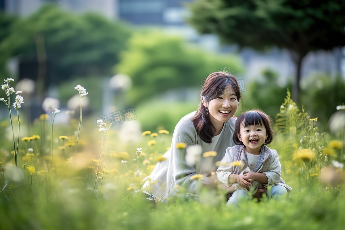 草地里妇女与孩子笑