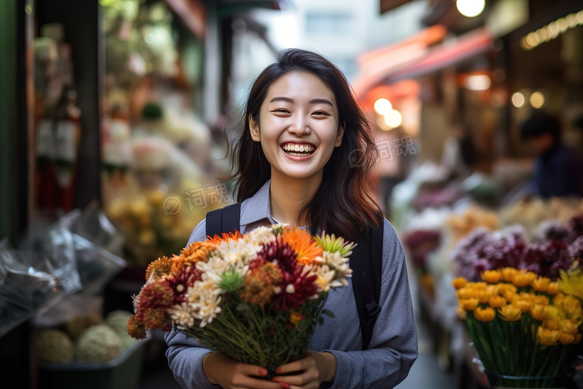 抓拍女子在花店外繁忙工作