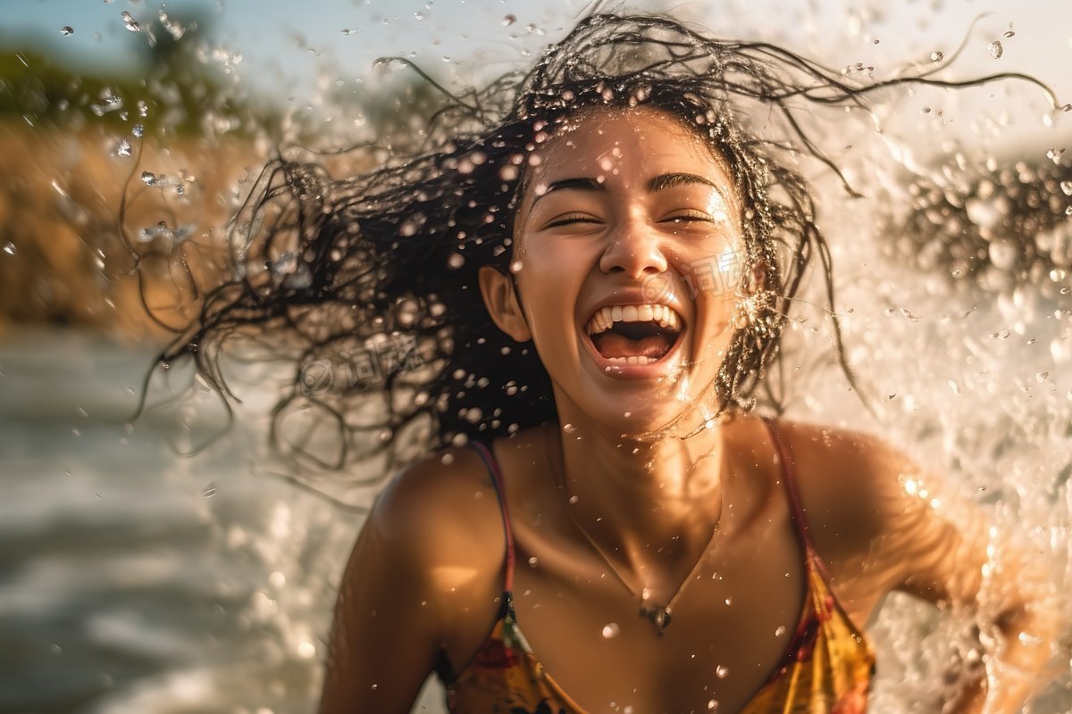 女子海滩上的海浪中玩耍ai文生图案例