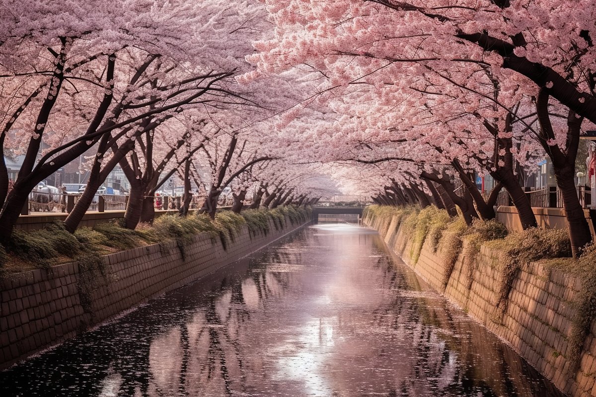 春天浪漫樱花盛开的街道