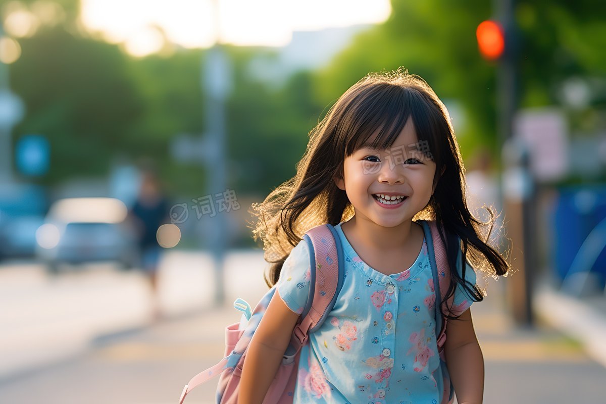 小学生可爱的小女孩放学开心快乐