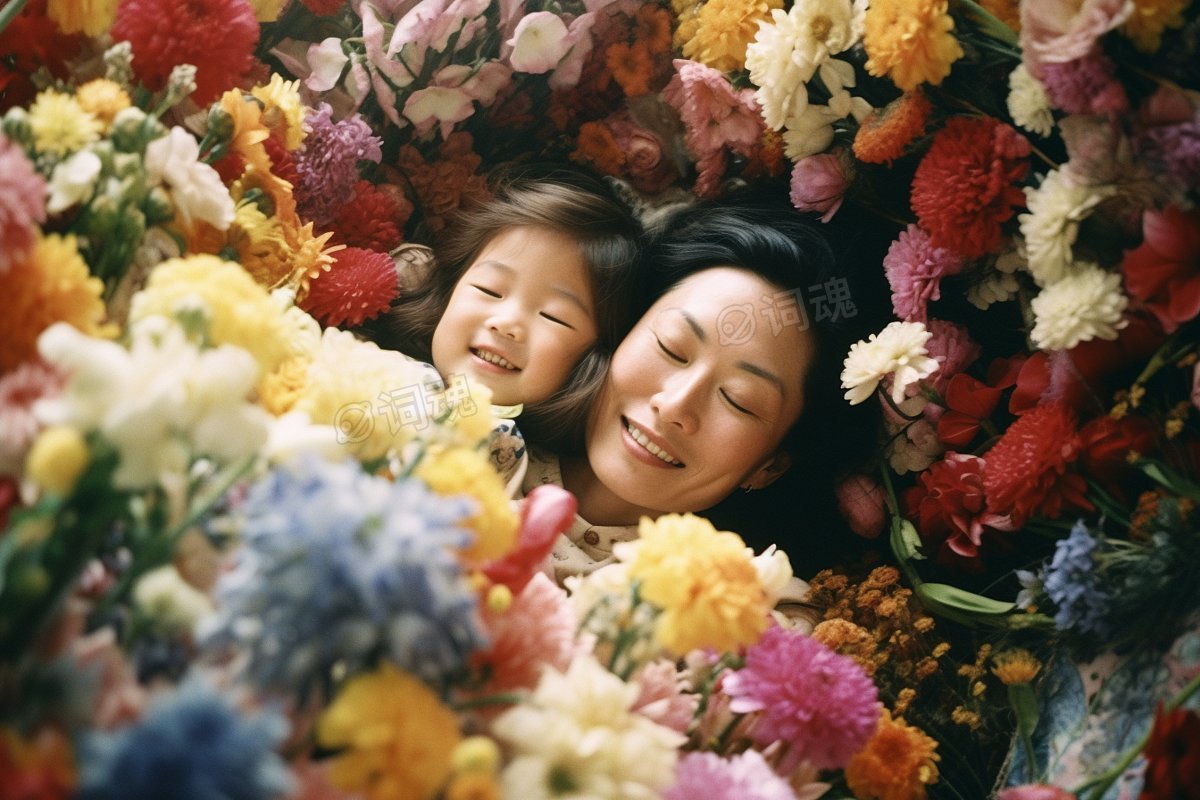 在花丛中躺着幸福的妈妈和孩子图