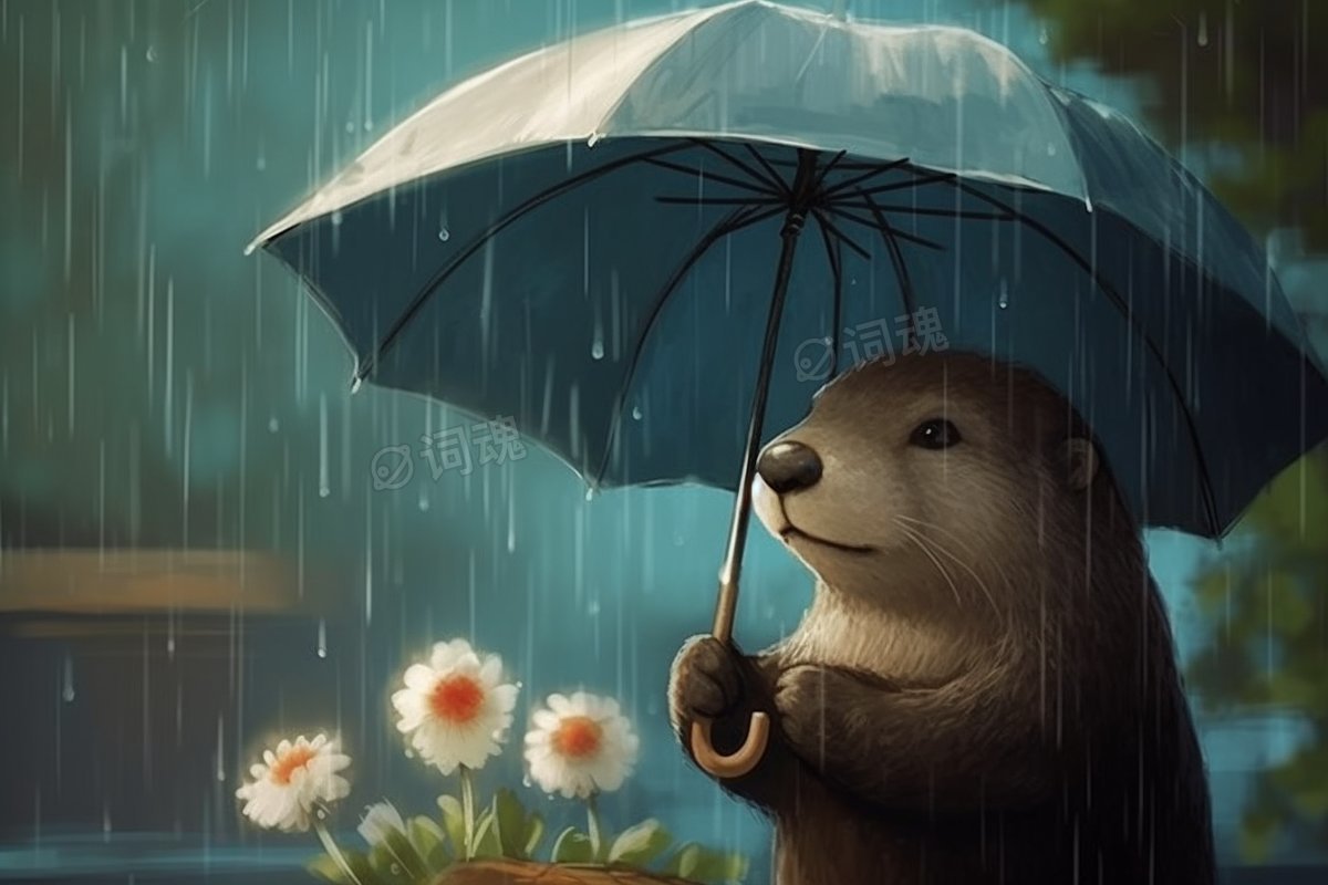 可爱卡通雨天悲伤水獭插图