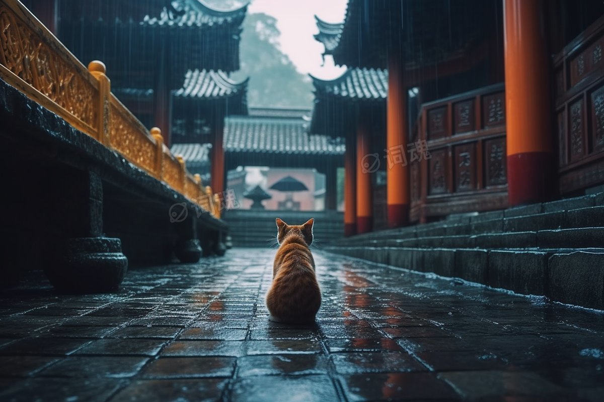 雨中中国寺庙屋檐躲雨猫咪背影ai文生图案例